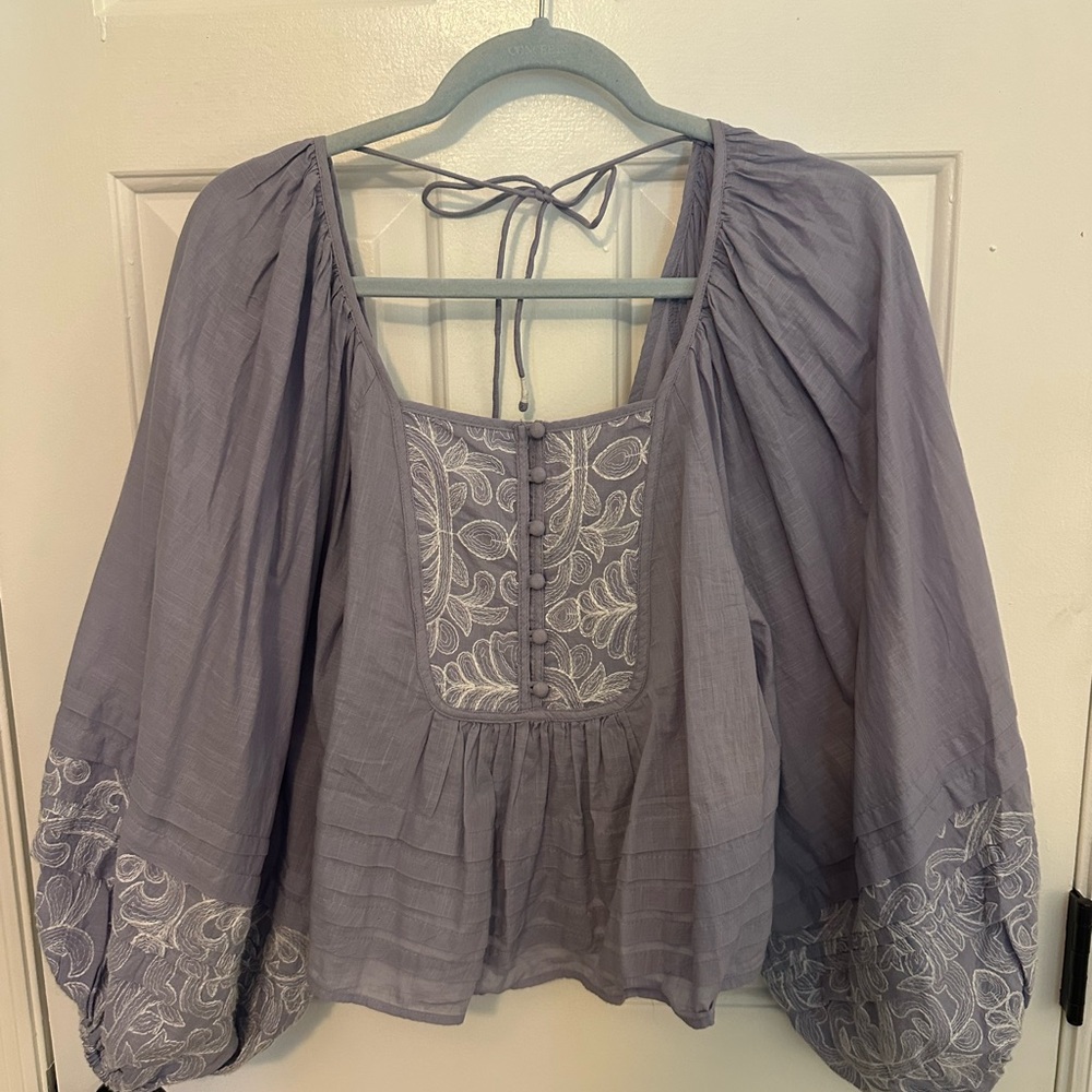 Anthropologie Lavender Embroidered Peasant Top